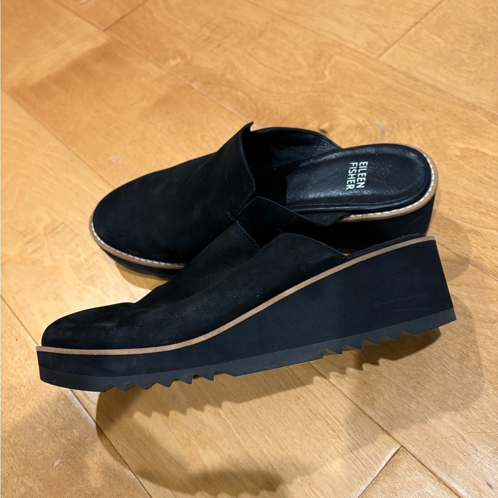 Eileen Fisher Loti black tumbled nubuck leather wedge mule shoes 8.5 - Picture 2 of 4